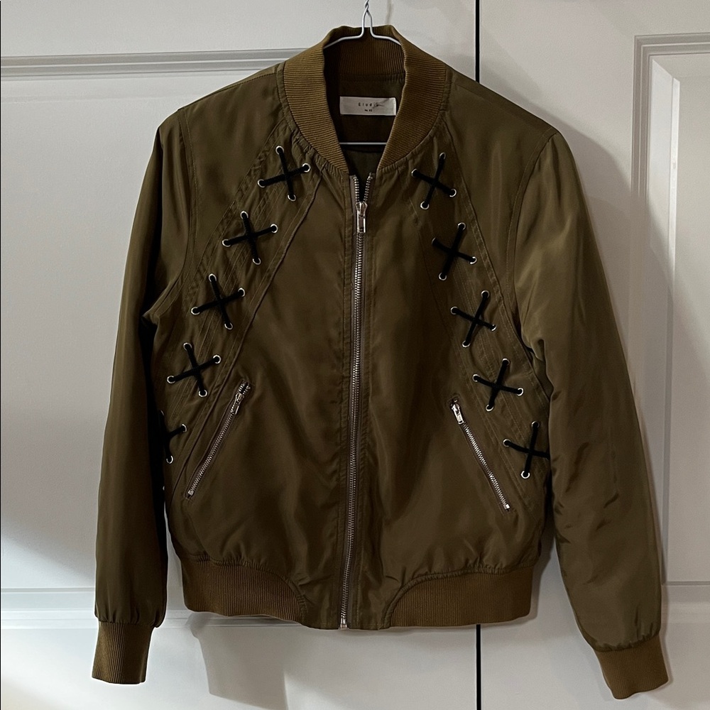 Elodie Olive Bomber Jacket with Lace-Up Detail